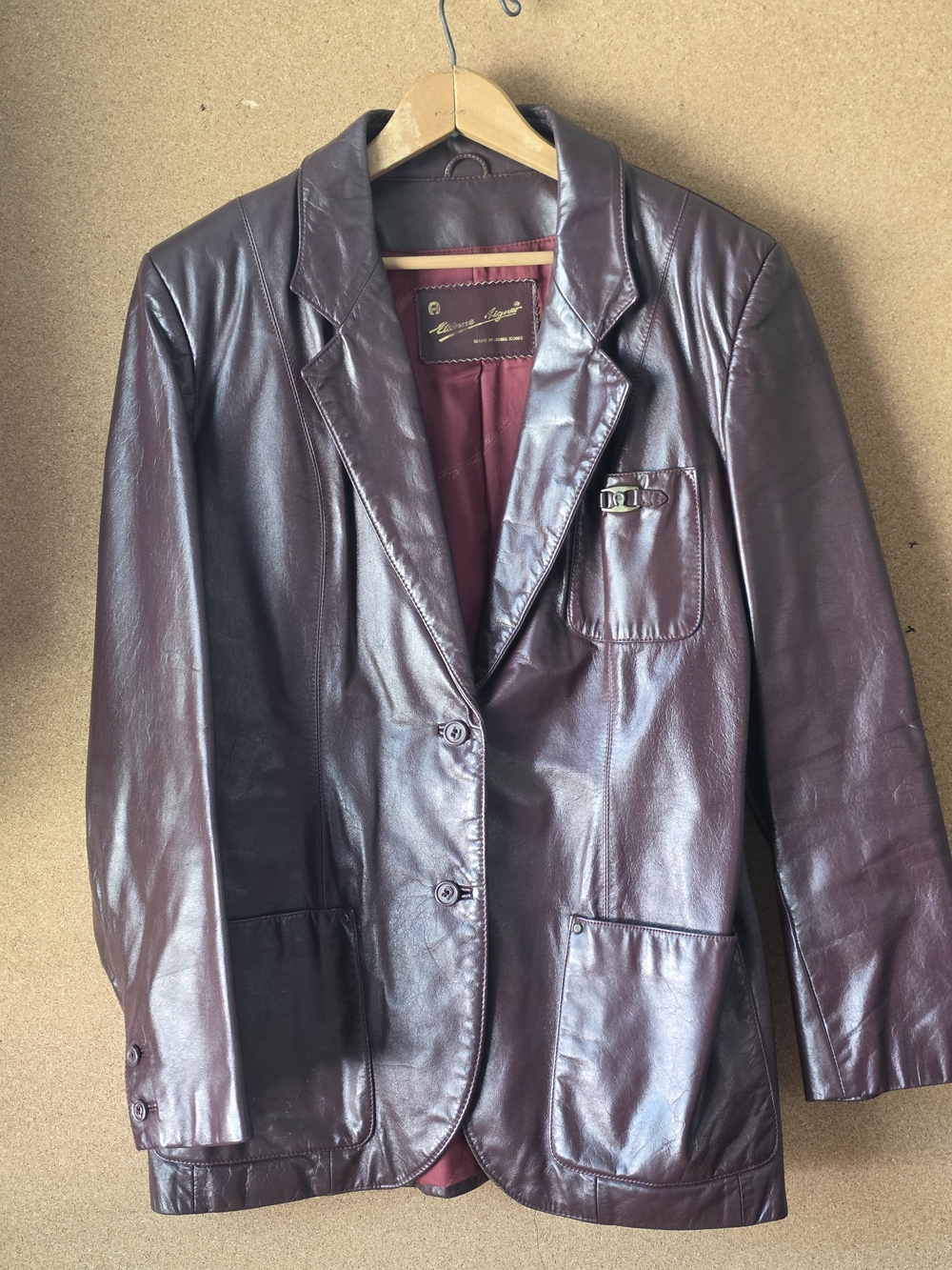 Etienne Aigner Burgundy Leather Blazer Double Breasted Vintage Hong Kong Sz 16